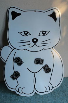 Vintage magneetbord Kat met 4 kattenmagneten - 0