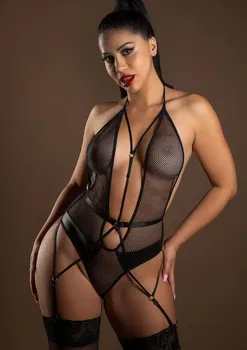 Wetlook and Fishnet Body - Zwart - 0
