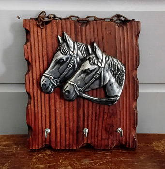 Vintage houten sleutelbord - sleutelrek - paarden - paard - 1