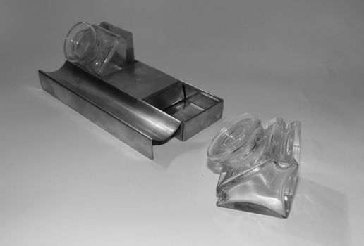 Antiek Bureau inktstel met kristal glazen inktpotten met stalen houder - 3