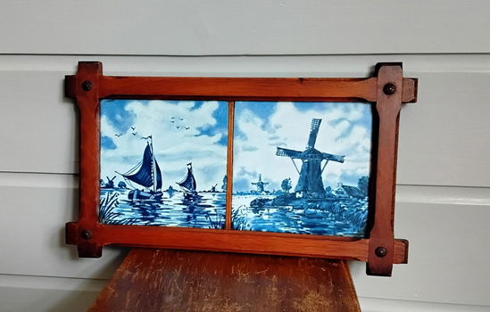 Delftsblauwe tegels in eikenhouten lijst - hollandse voorstelling - 2