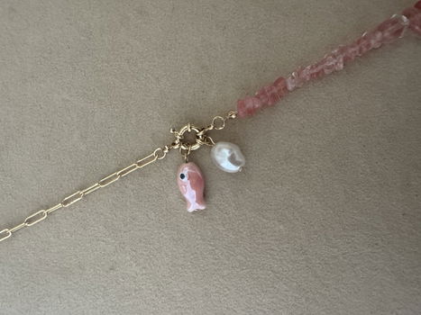 Gouden schakel ketting met roze kralen en vis toggle ketting - 0