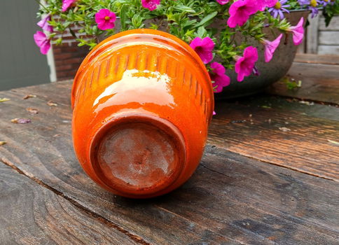 Vintage - retro bloempot - oranje geglazuurd - 4