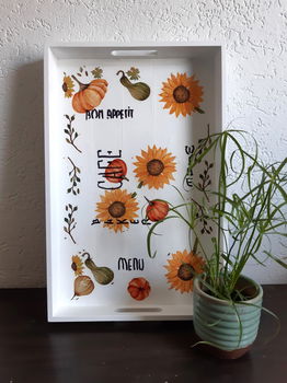 Dienblad wit+tekst ,met decoupage techniek. Hand bewerkt. - 0