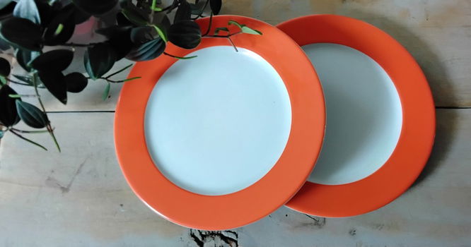 2 bordjes met oranje rand - ontbijtbord - gebaksbord - 2