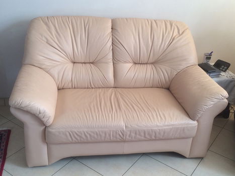 Lederen zetel 2 zit, licht beige/wit (150cm breed, 90cm diep), in goede staat - 2