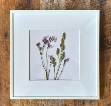 Twee fotolijstjes met daarin droogbloemen in de kleur wit. - 1