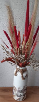 Vaas decoupage wit met bloemenprint en touw. met mooie droogbloemen erin in de kleur Fuchia. - 1