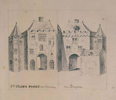 St Olofs poort, Amsterdam, prent, ca. 1710, overdruk - 0