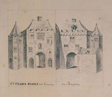 St Olofs poort, Amsterdam, prent, ca. 1710, overdruk