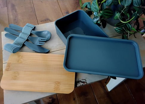 Lunchbox - broodtrommel + houten bamboe plankje + bestek - nieuw - 6