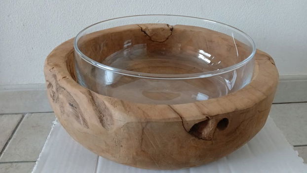 fruitschaal teakhout glas NIEUW Leonardo Terra Bijenkorf - 2