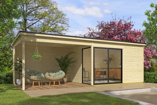 Blokhut met overkapping Olivia 385x295 + Aanbouw onbehandeld vuren - 0