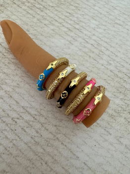 Gouden met neon roze strass ring met monogram klavertjes - 1