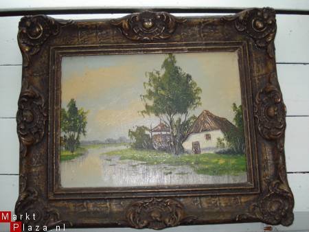 oud schilderijtje landschap met boerderij gesign v d K - 1